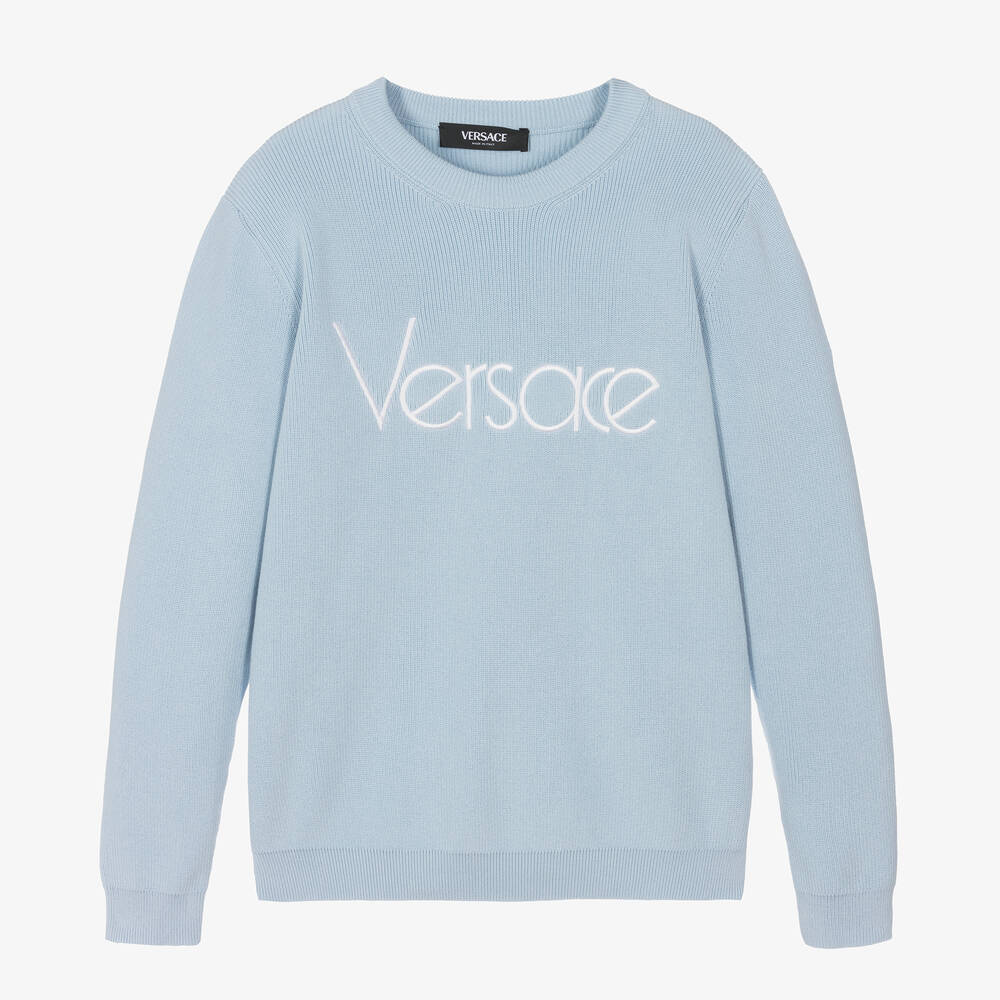 Shop Versace Teen Blue Cotton Knit Sweater