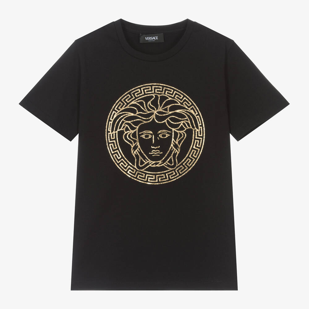 Versace - Черная футболка с золотистым символом Medusa для мальчиков-подростков | Childrensalon