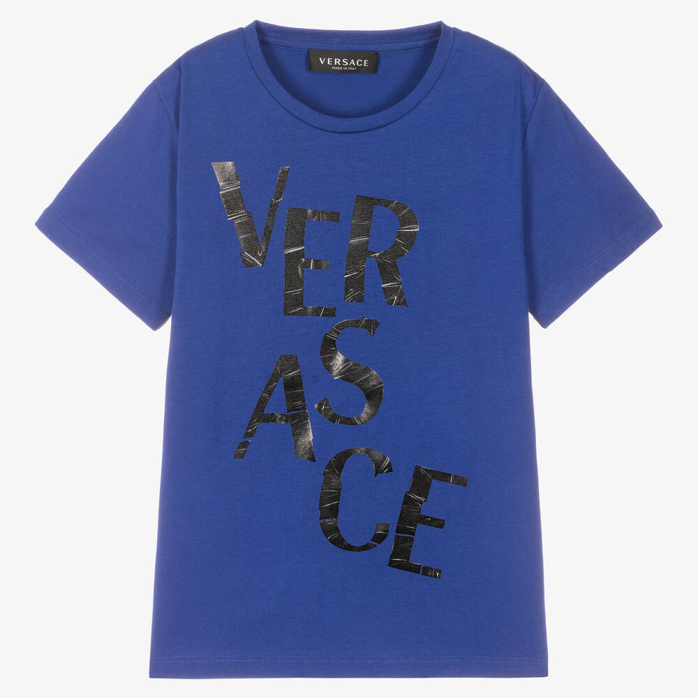 Versace Kids' Logo Cotton Jersey T-shirt In Blue