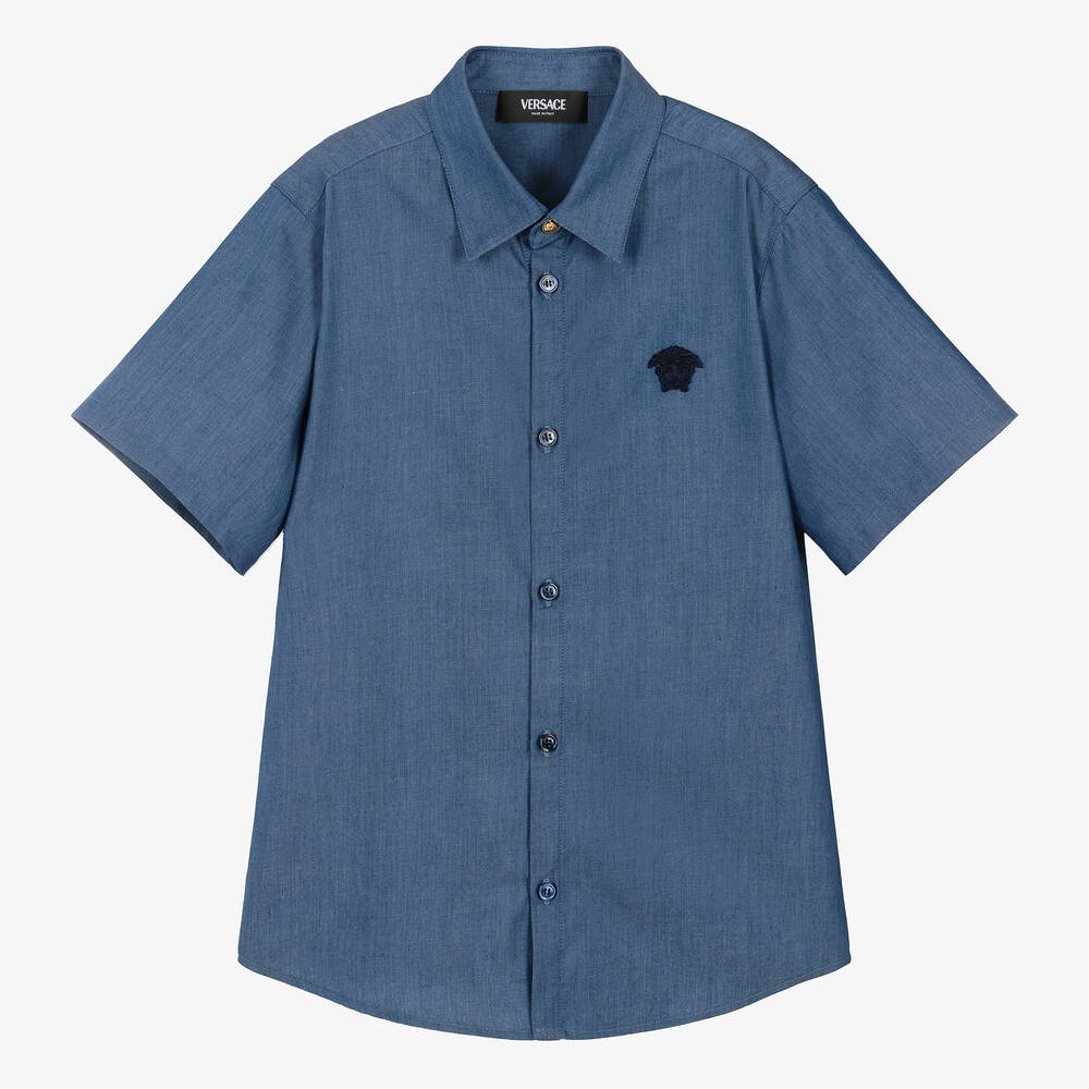 Versace - قميص قطن شامبري لون أزرق للمراهقين | Childrensalon