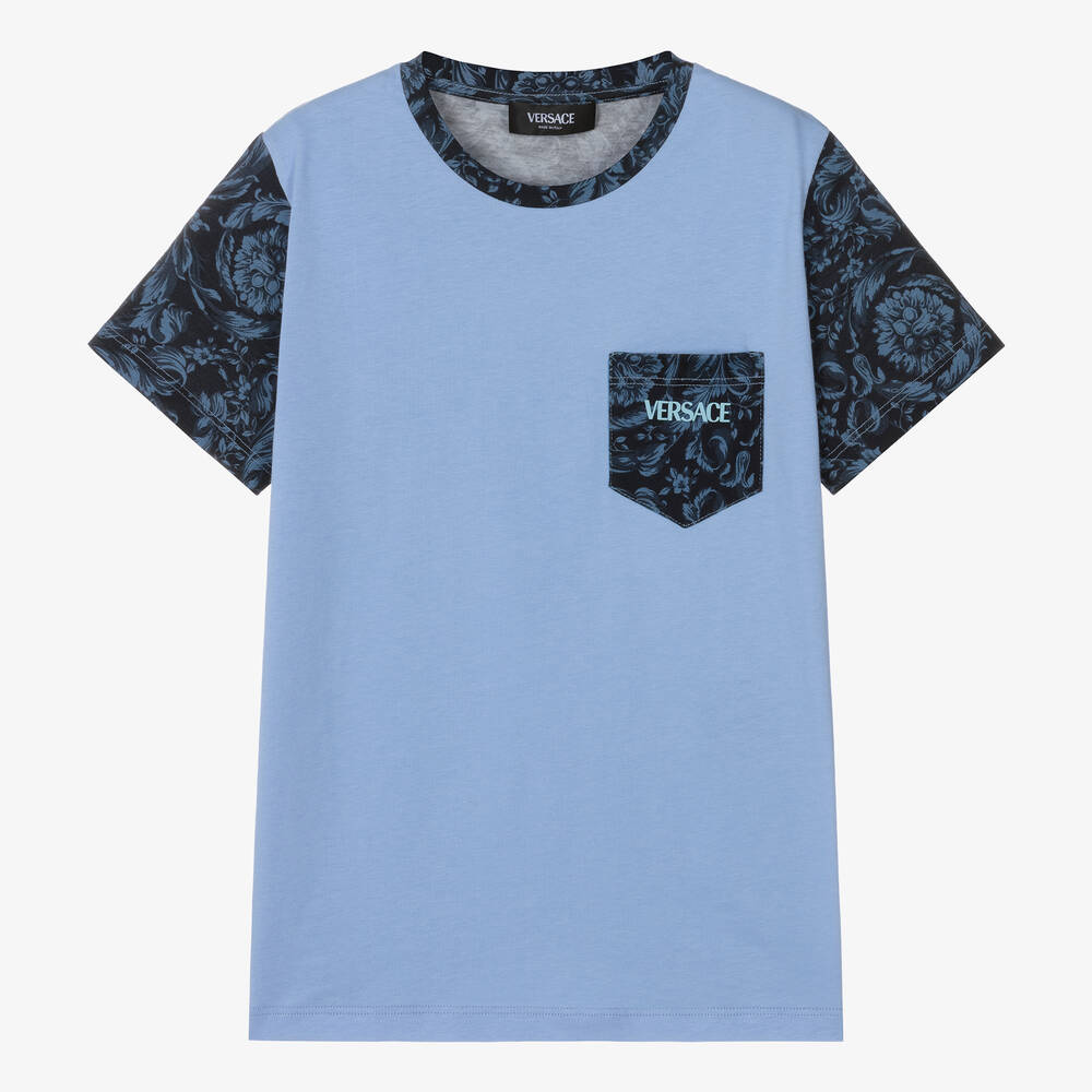 Versace - Синяя хлопковая футболка Barocco для мальчиков-подростков | Childrensalon