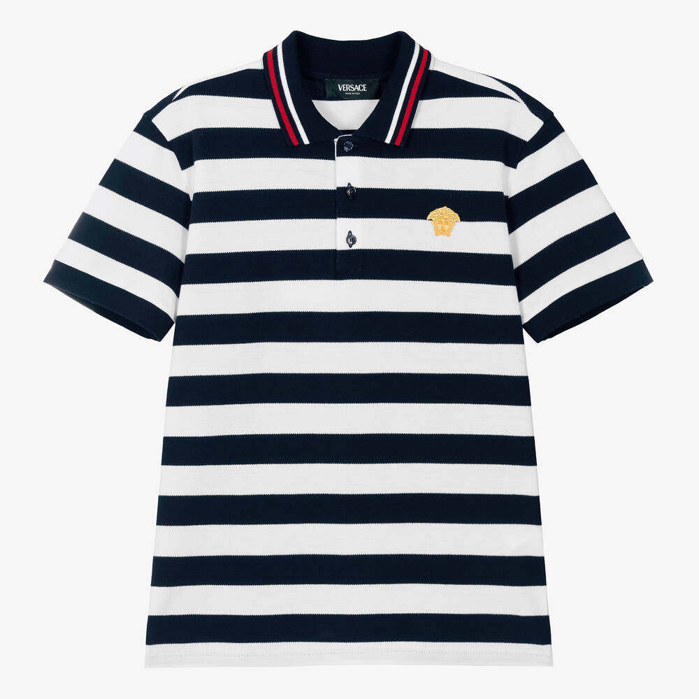 Shop Versace Teen Boys Blue Stripe Cotton Polo Shirt