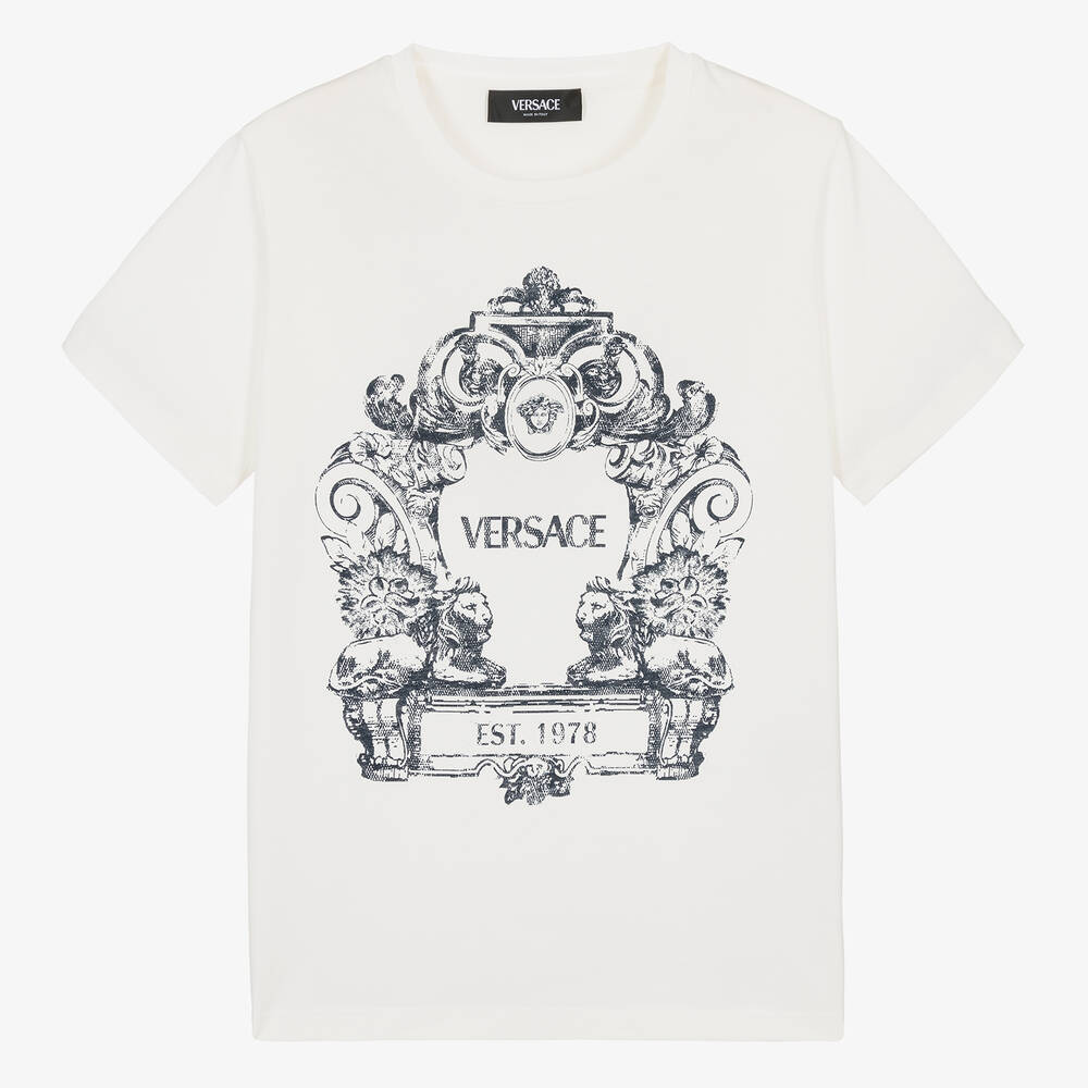 Versace - Кремовая хлопковая футболка с картушем для мальчиков-подростков | Childrensalon