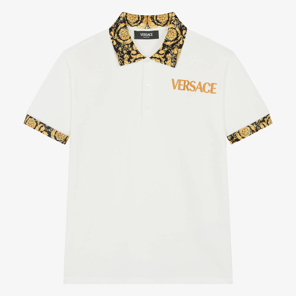 Shop Versace Teen Boys Ivory Cotton Barocco Polo Shirt