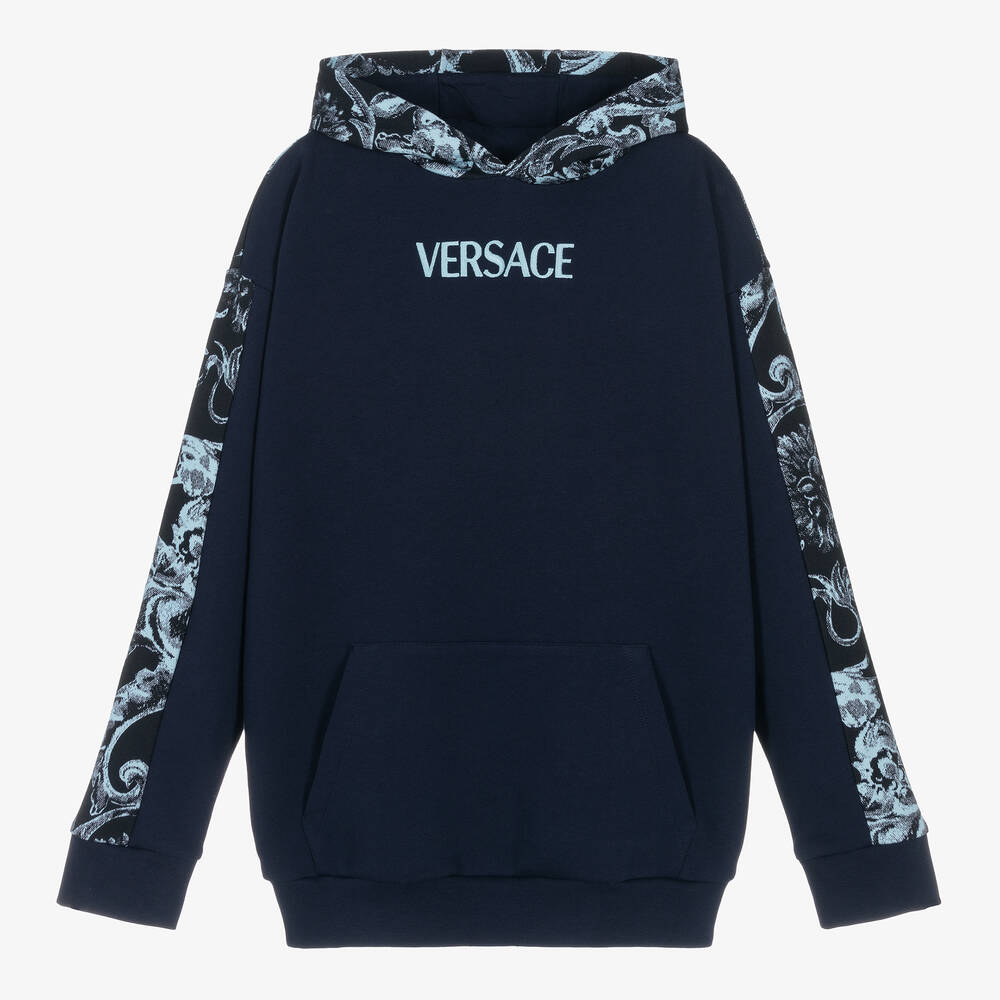 Shop Versace Teen Boys Navy Blue Barocco Stencil Hoodie