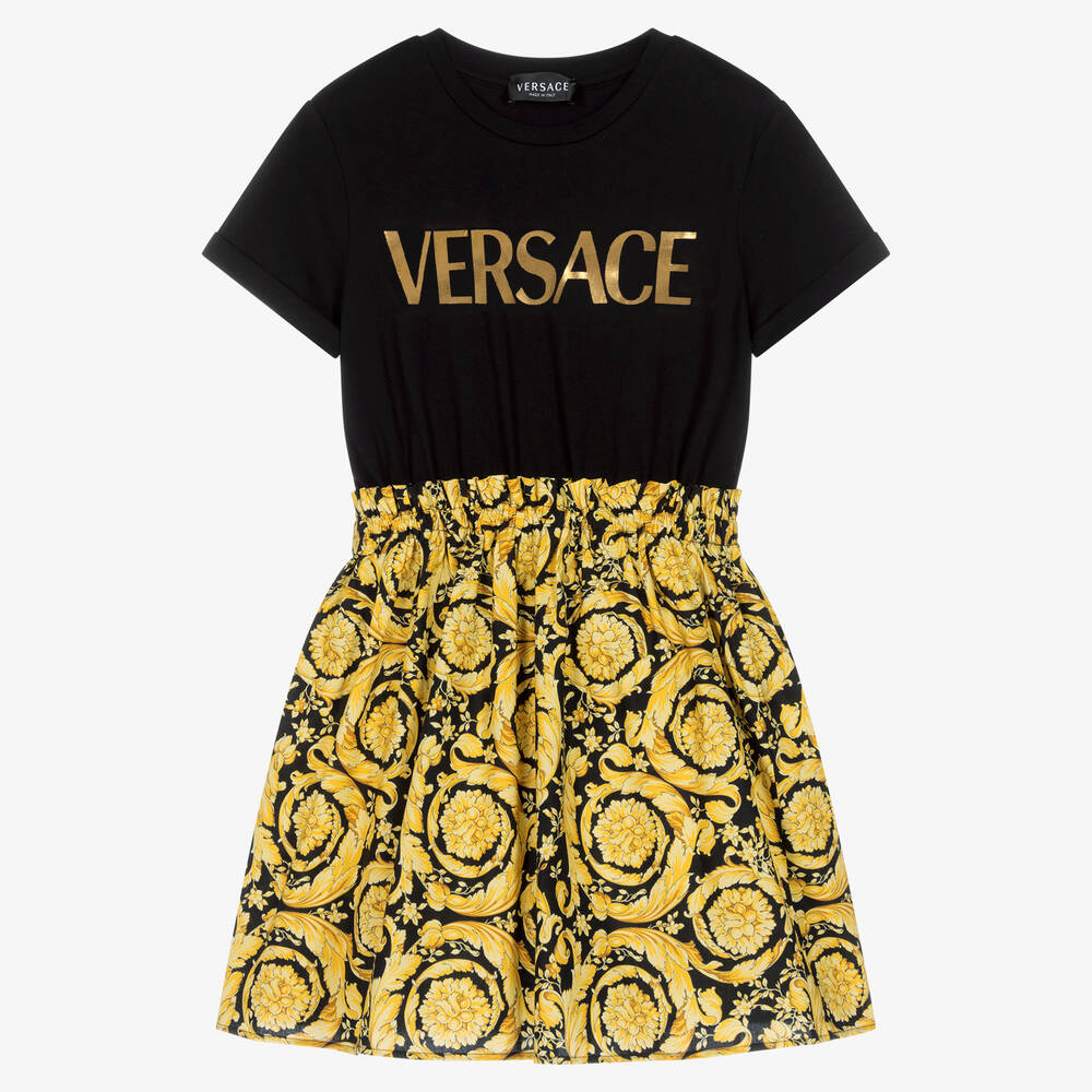 Versace - فستان قطن لون أسود وذهبي بطبعة باروك للمراهقات | Childrensalon