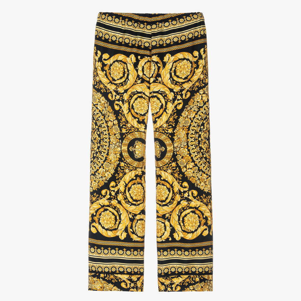 Versace - Teen Girls Black & Gold Barocco Silk Trousers | Childrensalon
