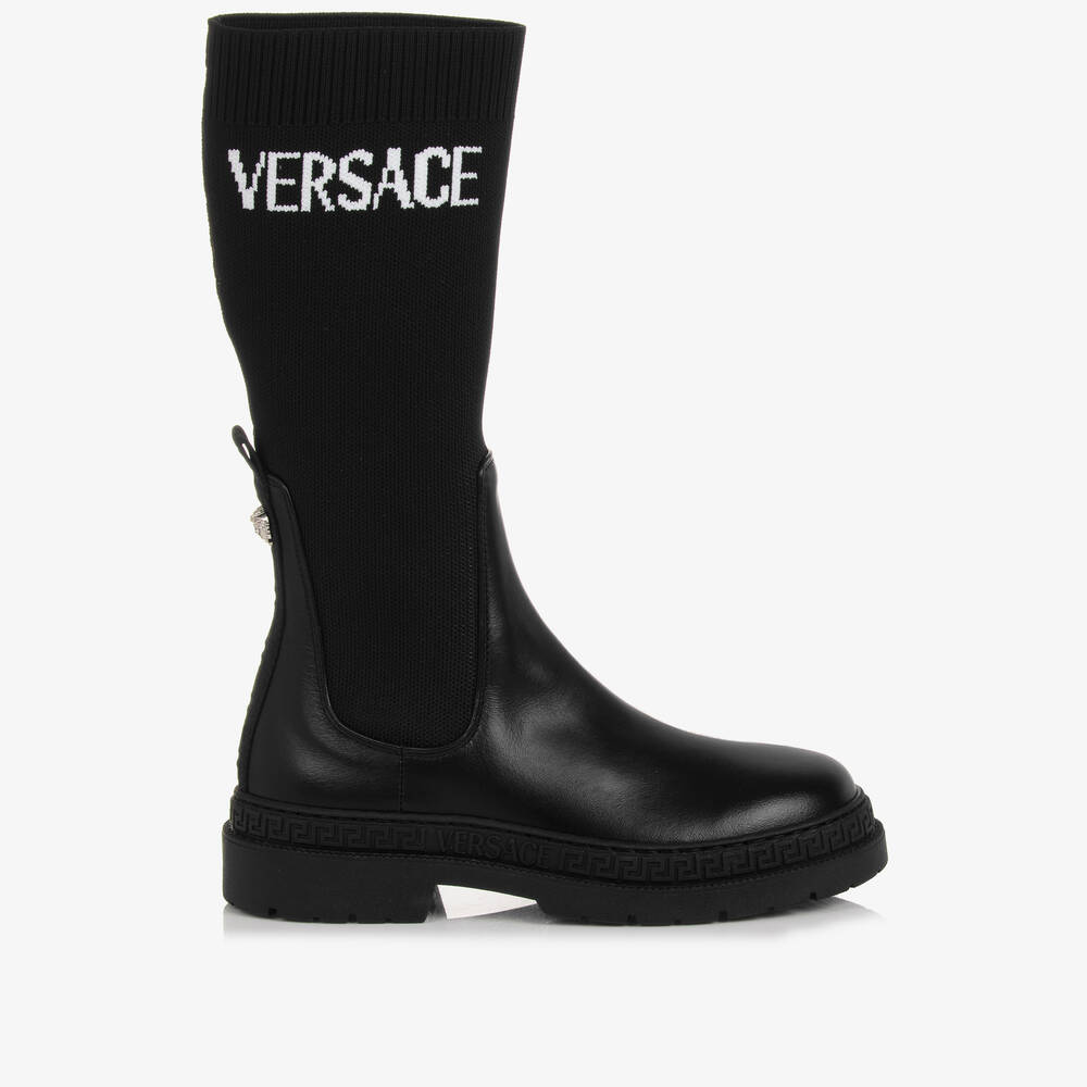 Versace - Teen Girls Black Leather & Knit Greca Boots | Childrensalon