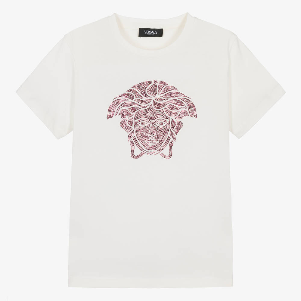 Versace Teen Girls Ivory Cotton T-shirt In White,pink