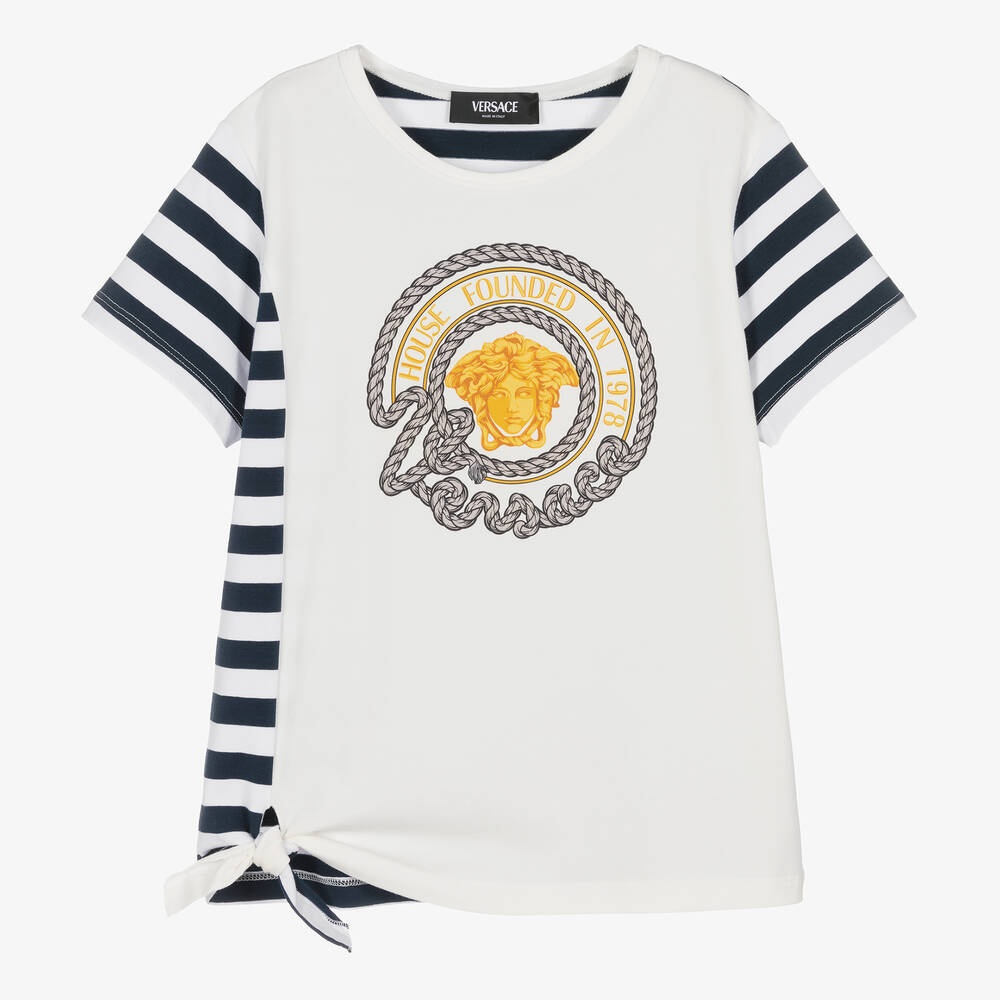 Versace - Кремовая футболка Medusa с узлом спереди для девочек-подростков | Childrensalon
