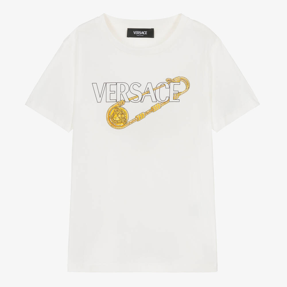 Versace - Кремовая футболка со стразами для девочек-подростков | Childrensalon