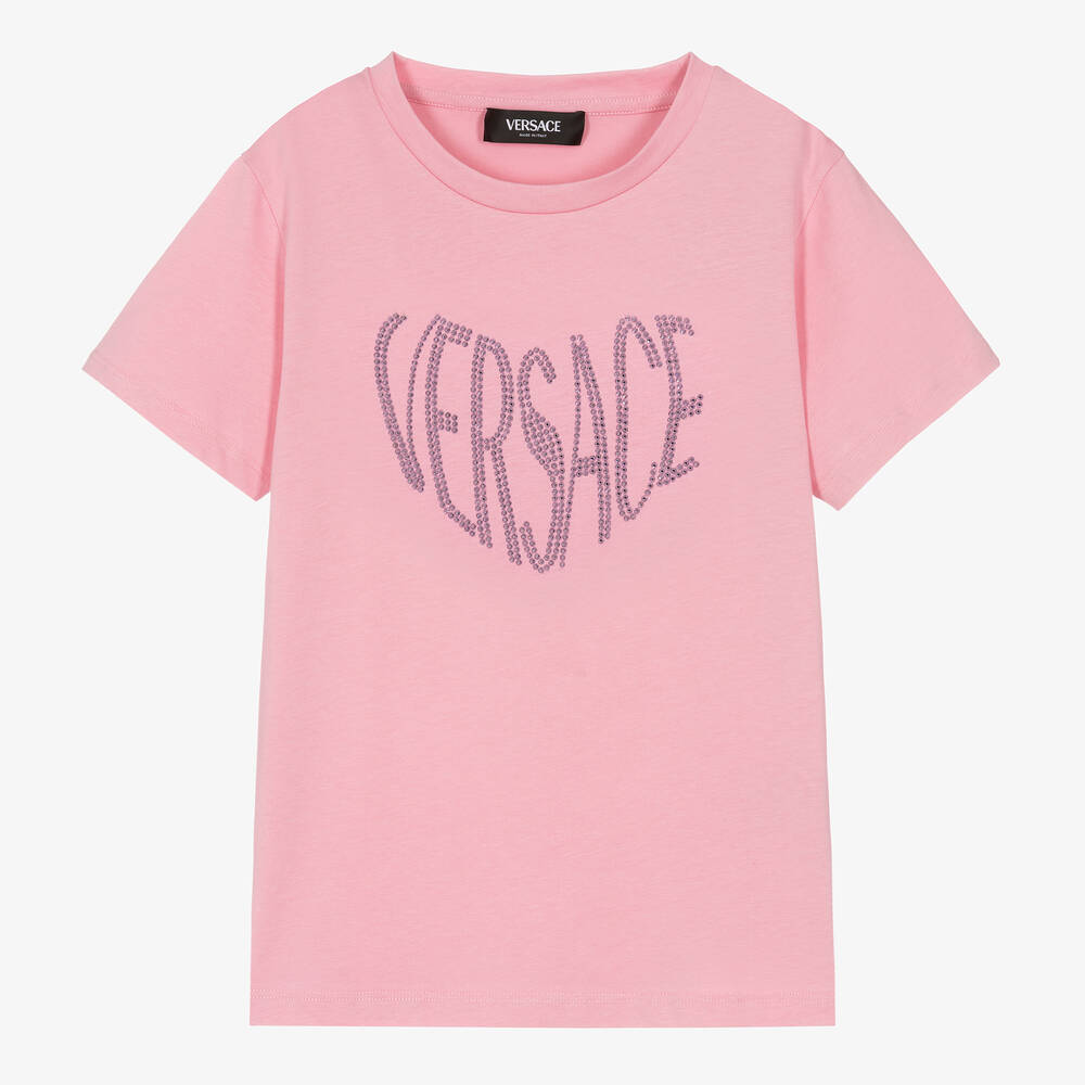 Versace - تيشيرت قطن مزين بديامنتي لون زهري للمراهقات | Childrensalon