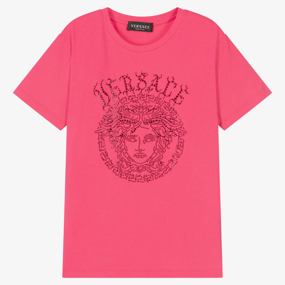 Versace - Teen Girls Pink Cotton Rhinestone Logo T-Shirt | Childrensalon
