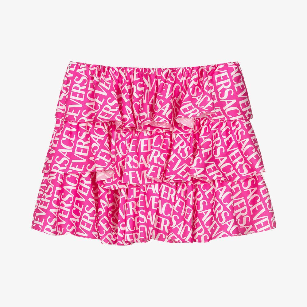 Versace Teen Girls Pink Logo Satin Ruffle Skirt
