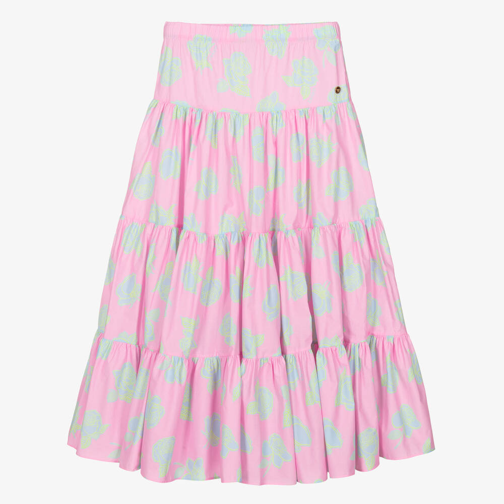 Versace - Teen Girls Pink Rose Tiered Maxi Skirt | Childrensalon