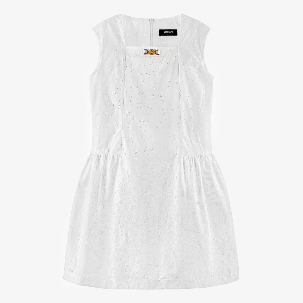 Versace - فستان قطن لون أبيض بطبعة باروك للمراهقات | Childrensalon
