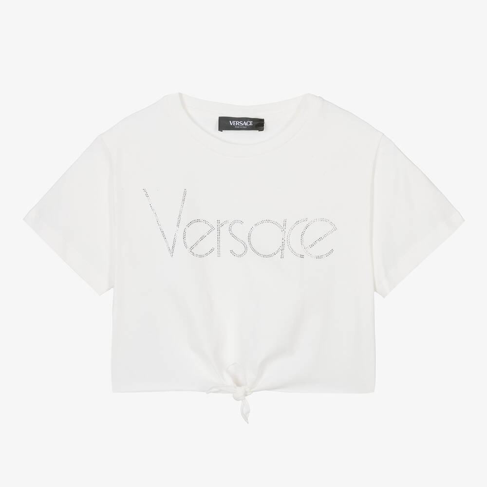 Versace - تيشيرت كروب قطن لون أبيض للمراهقات | Childrensalon