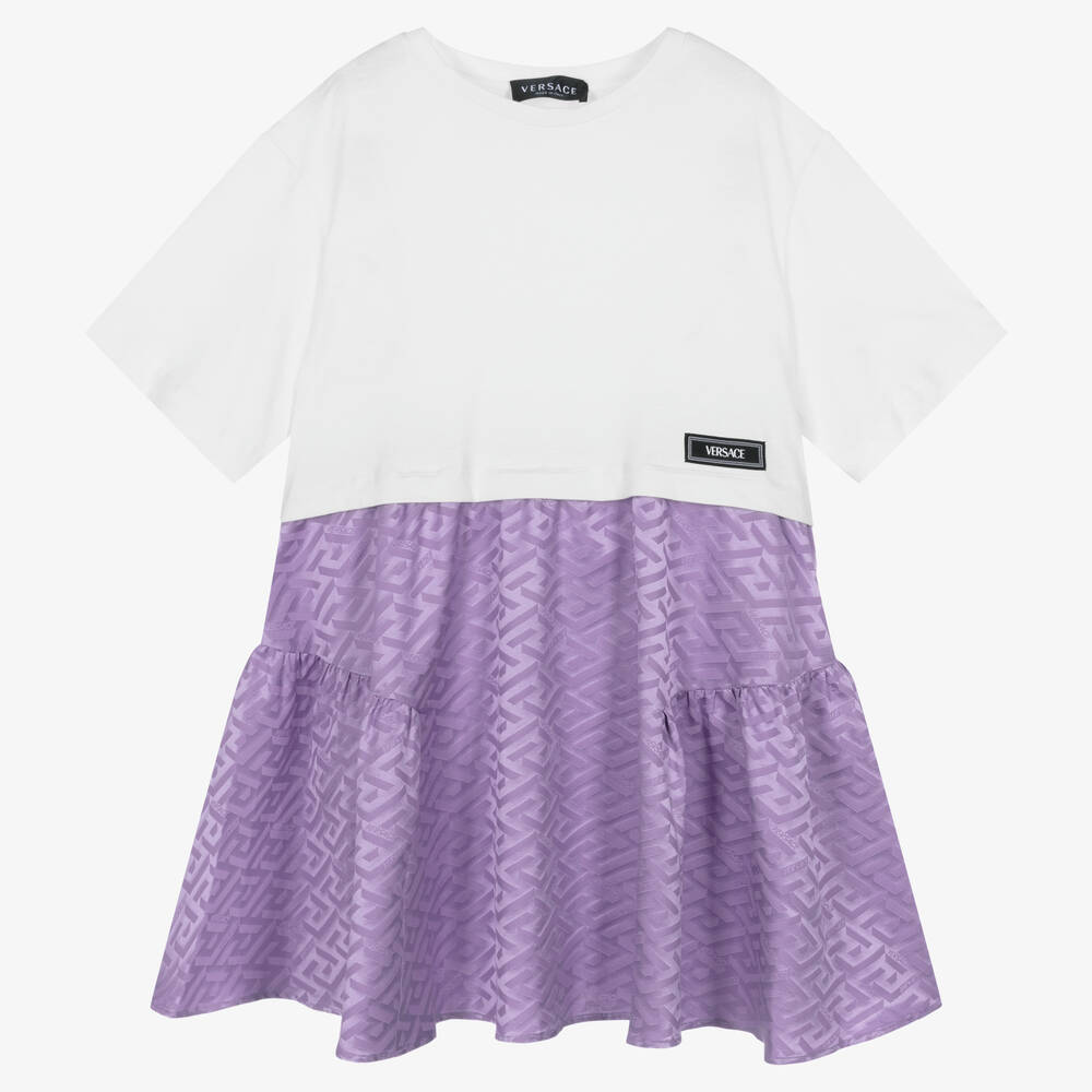 Versace Teen Girls White & Purple Greca Signature Dress