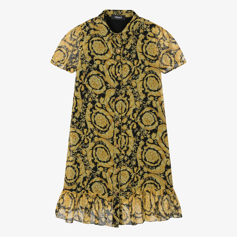 Versace - فستان قميص حرير شيفون لون ذهبي بطبعة باروك | Childrensalon