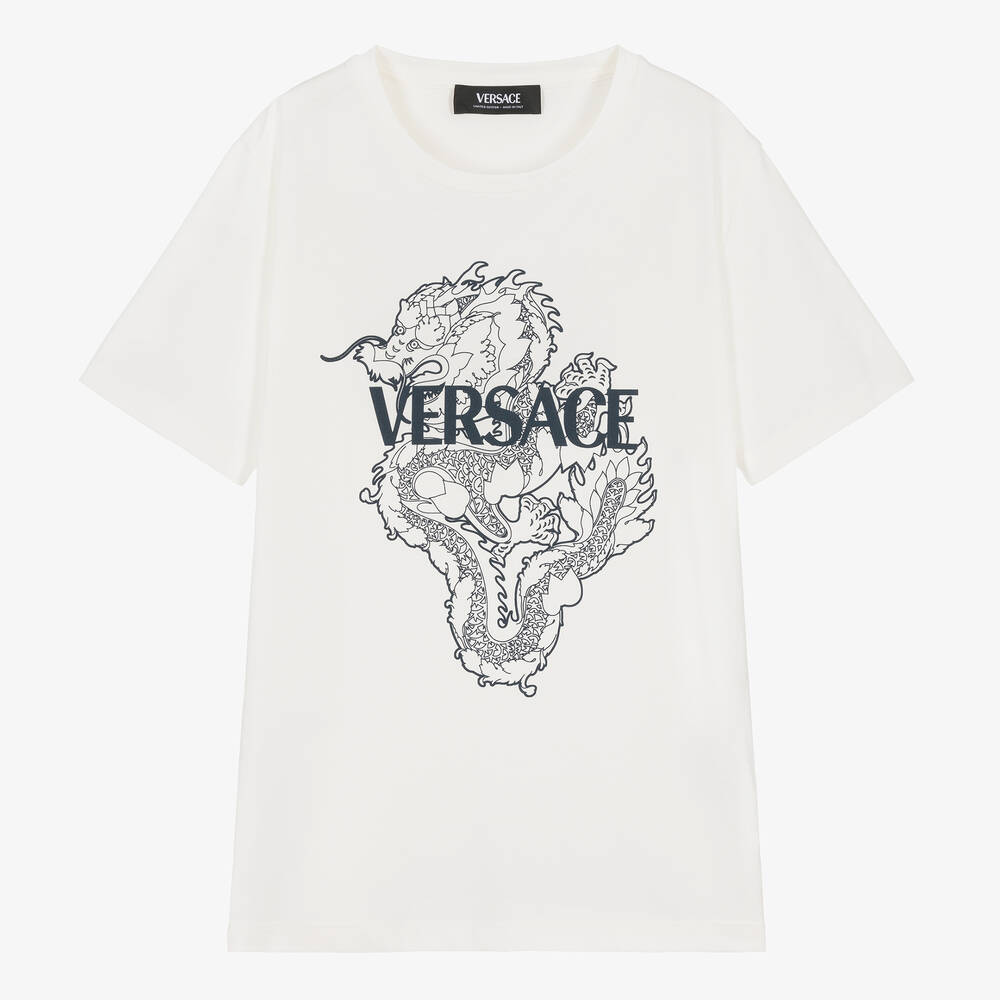 Versace - T-shirt blanc et bleu en coton dragon ado | Childrensalon