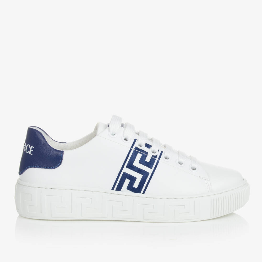 Versace Teen White & Blue Greca Leather Trainers