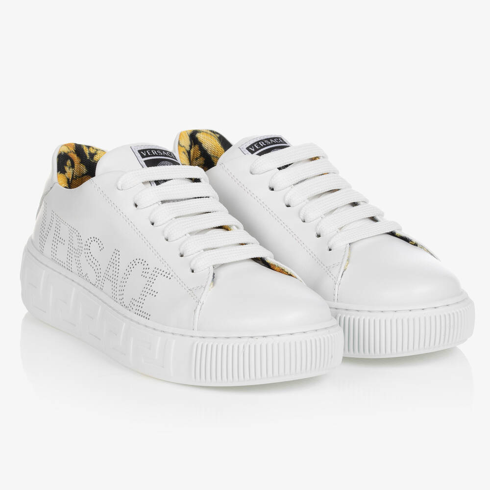 Versace Teen White Leather Logo Sneakers