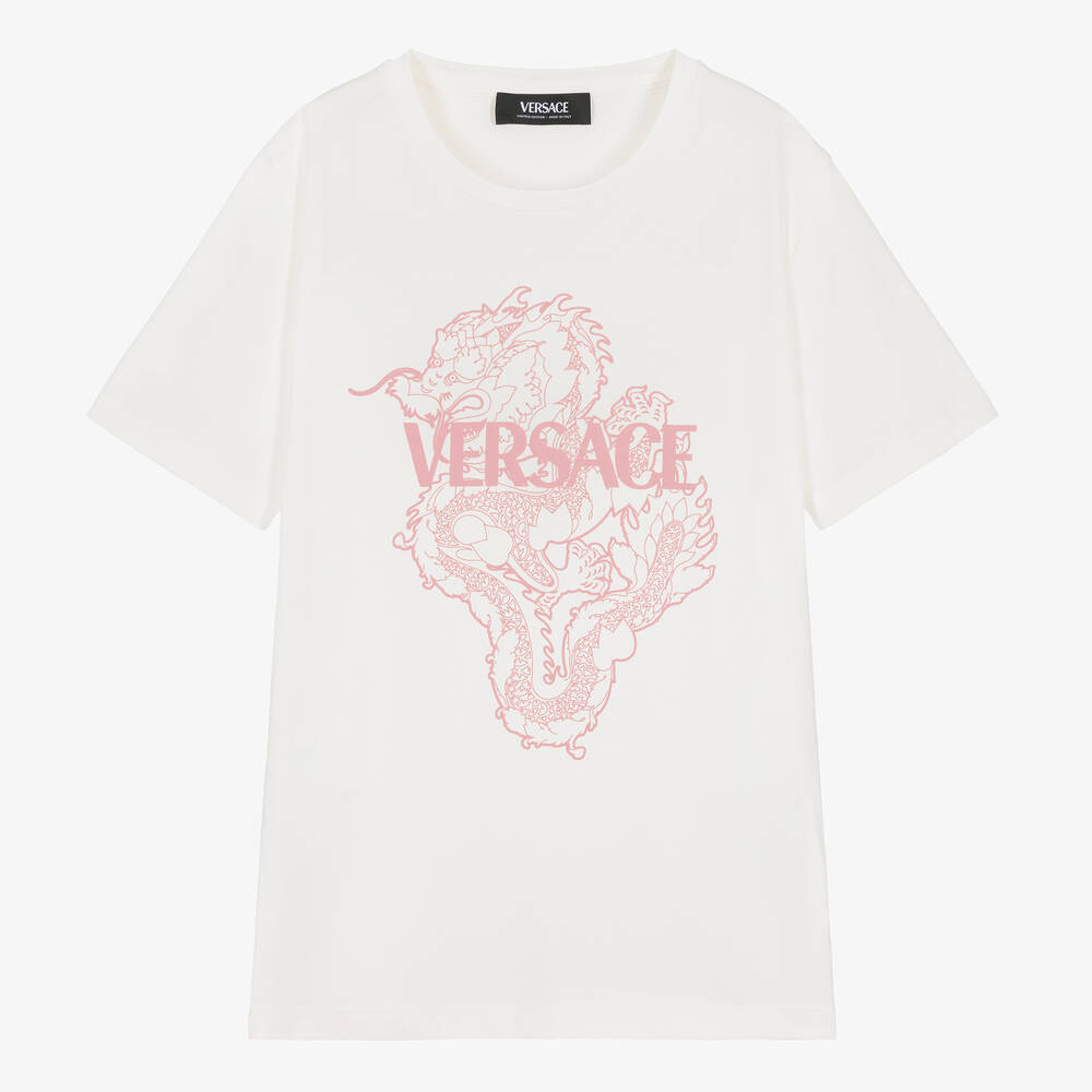 Versace - T-shirt blanc et rose en coton dragon ado | Childrensalon