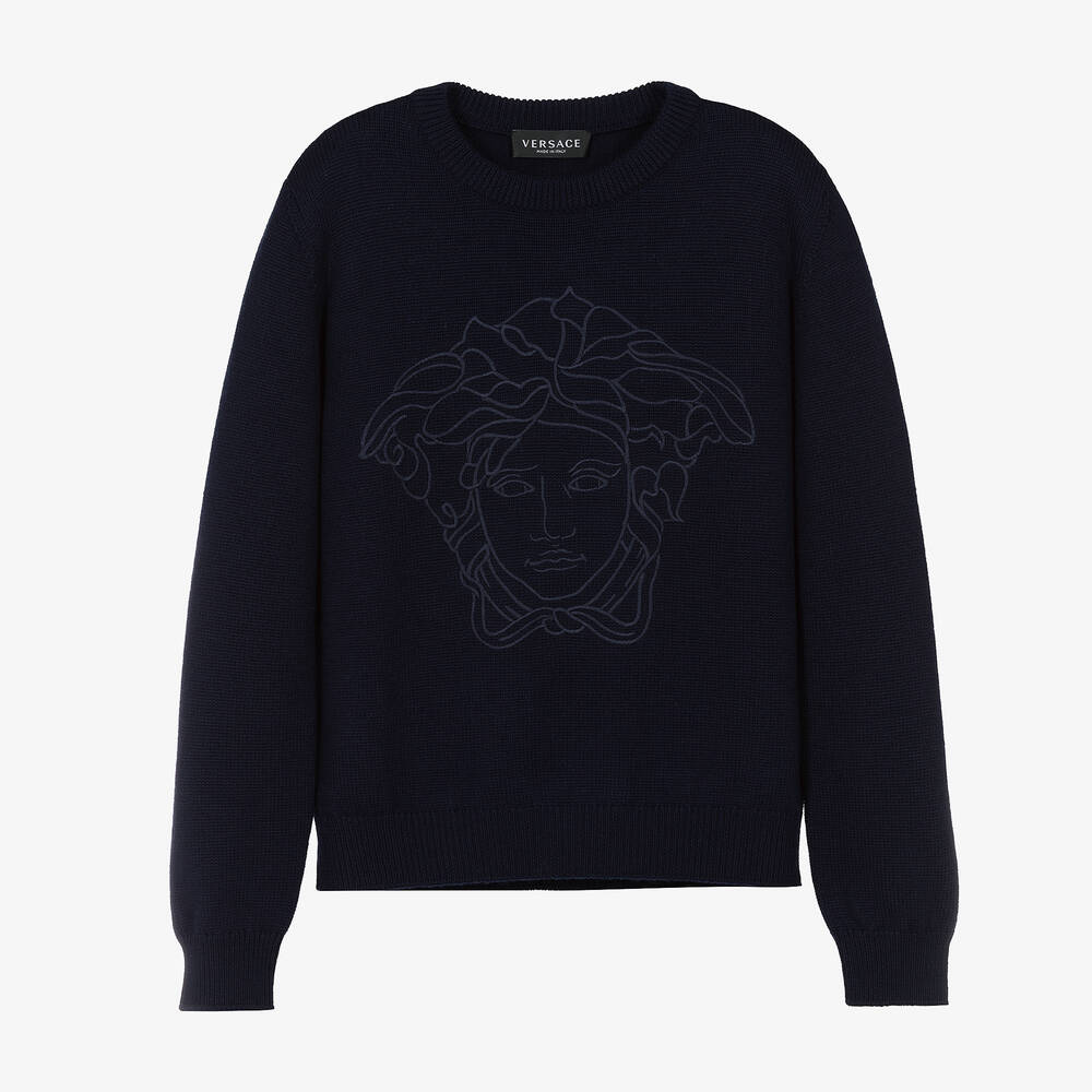 Versace Teen Wool Medusa Embroidery Sweater In Blue