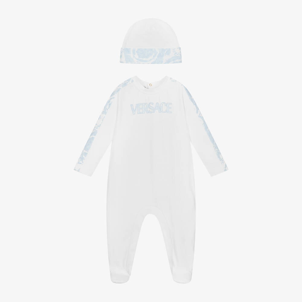 Versace - White & Blue Cotton Barocco Babysuit Set | Childrensalon