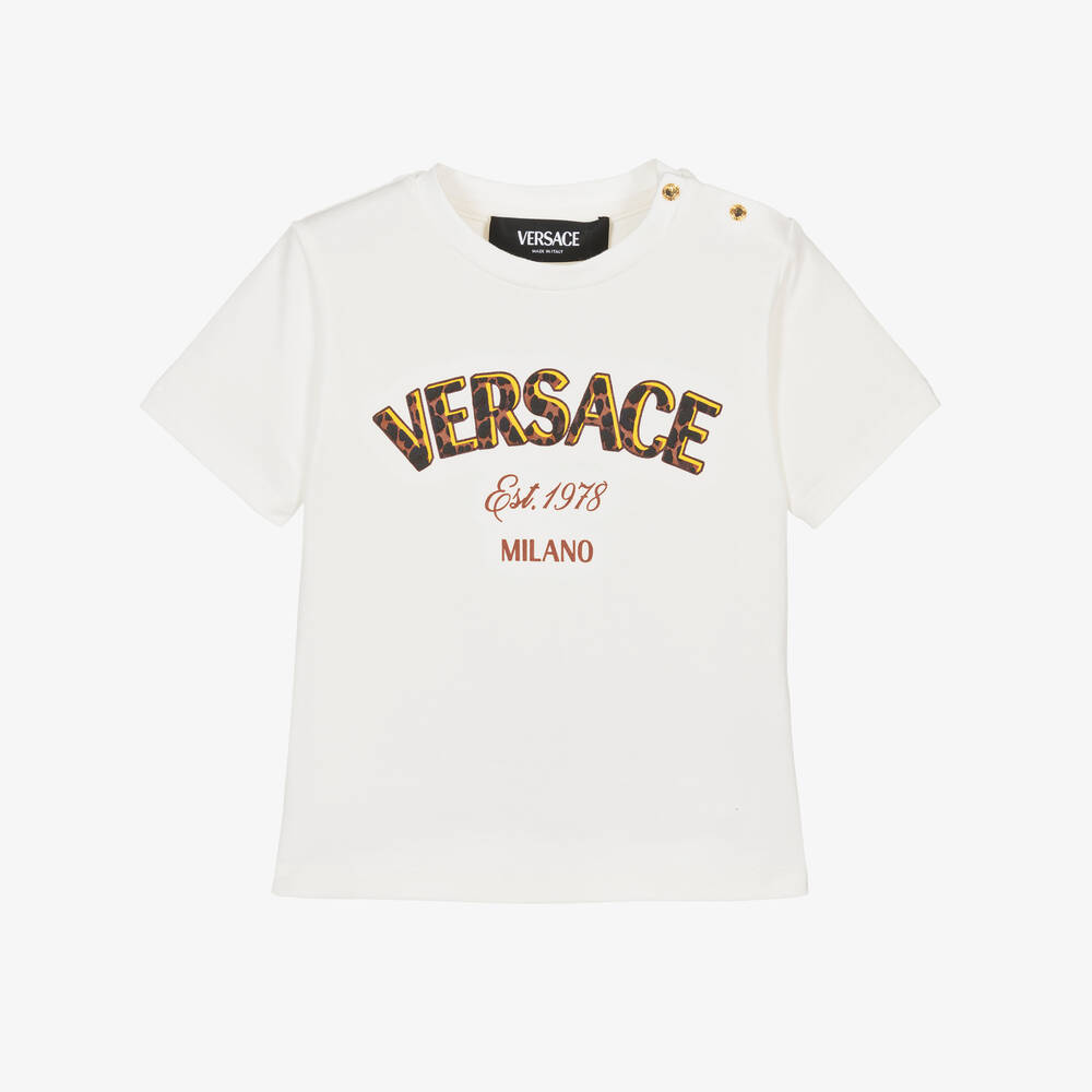 Versace - White Cotton Leopard Print Baby T-Shirt | Childrensalon