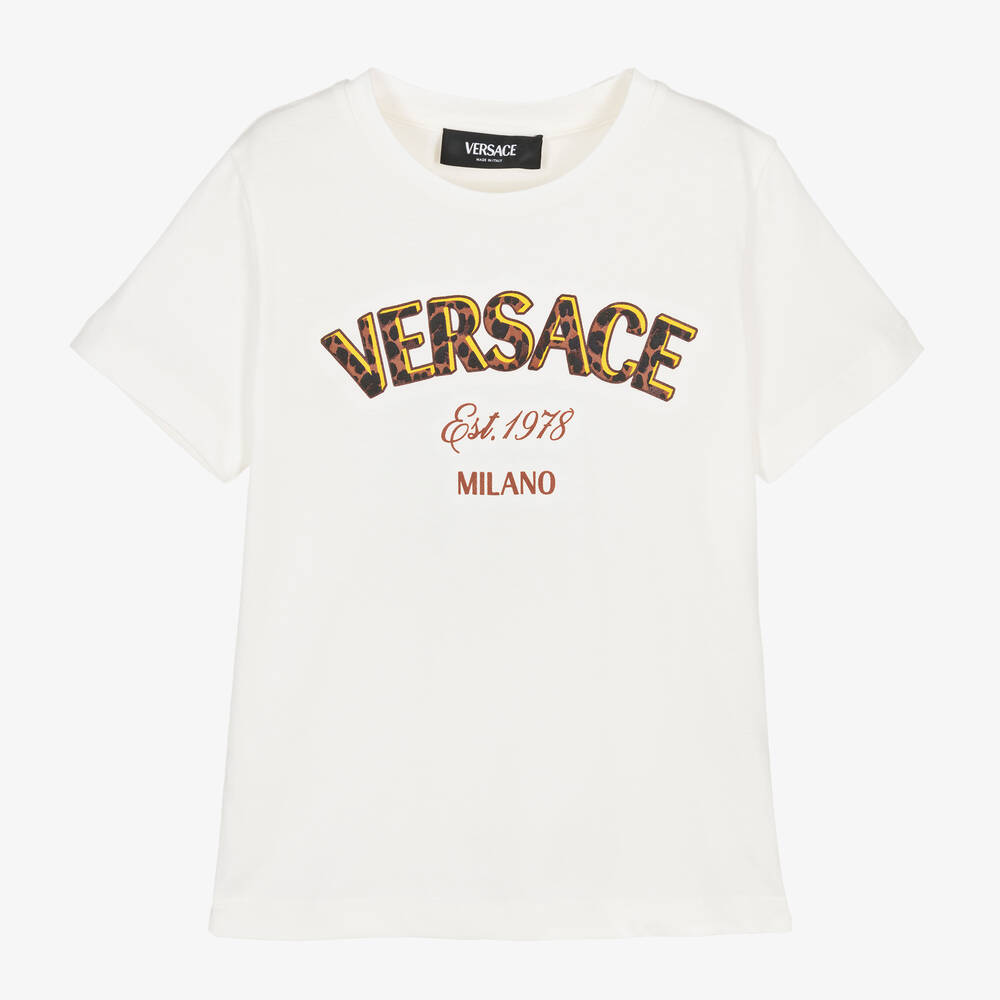 Versace - White Cotton Leopard Print Logo T-Shirt | Childrensalon