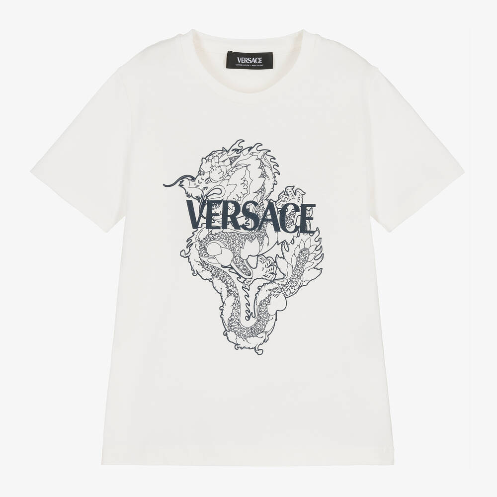 Versace - تيشيرت بطبعة تنين قطن لون أبيض وكحلي | Childrensalon