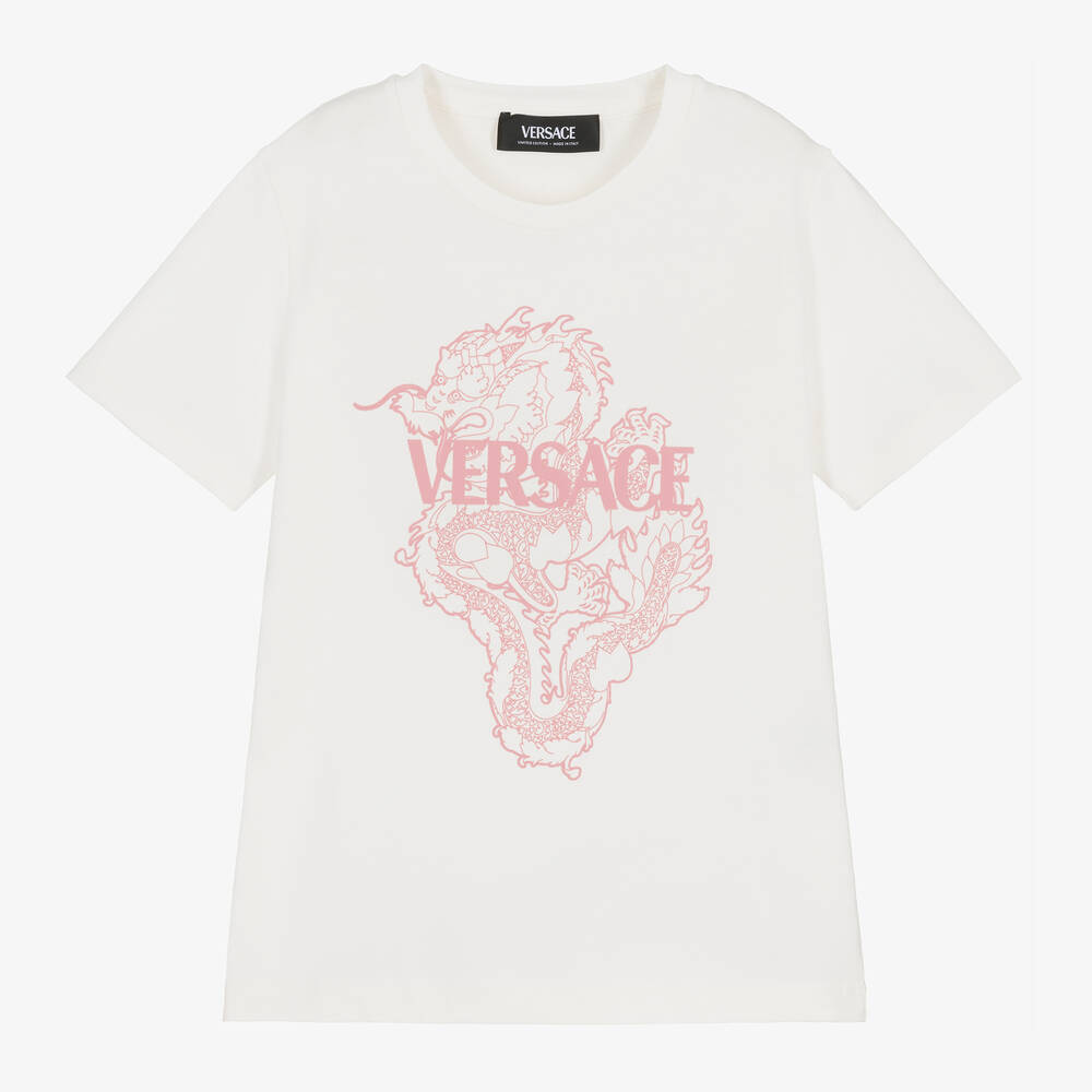 Versace - T-shirt blanc et rose en coton dragon | Childrensalon