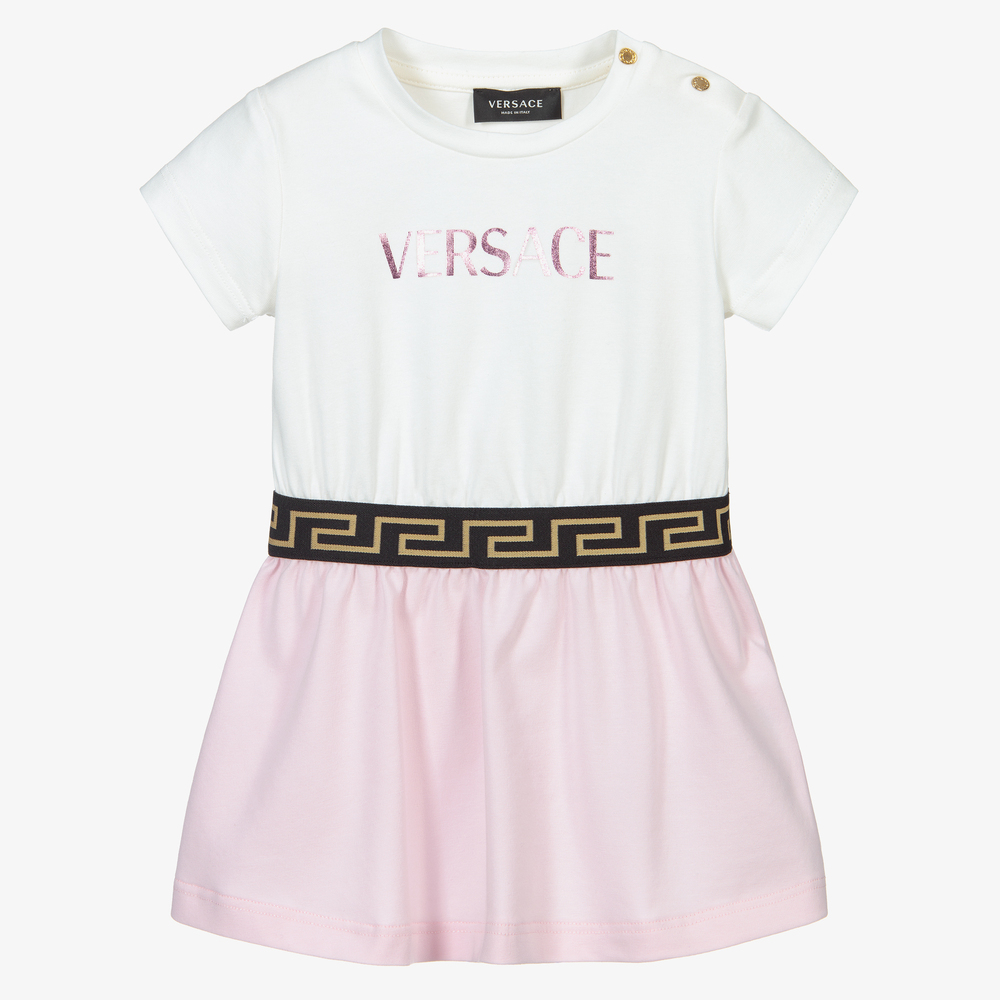 Versace - طقم فستان قطن جيرسي لون أبيض وزهري | Childrensalon