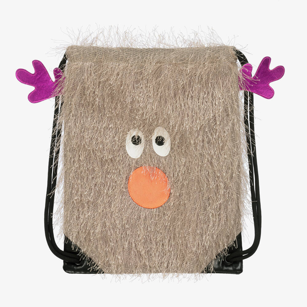 Wauw Capow - Beige Fluffy Reindeer Drawstring Bag (31cm) | Childrensalon
