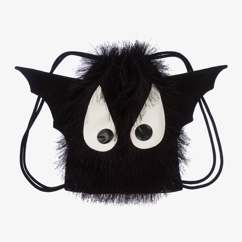 Wauw Capow - Black Fluffy Bat Drawstring Bag (29cm) | Childrensalon