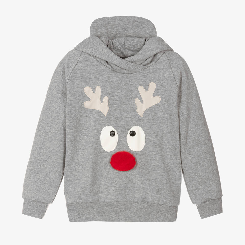 Wauw Capow - Boys Grey Organic Cotton Reindeer Hoodie  | Childrensalon