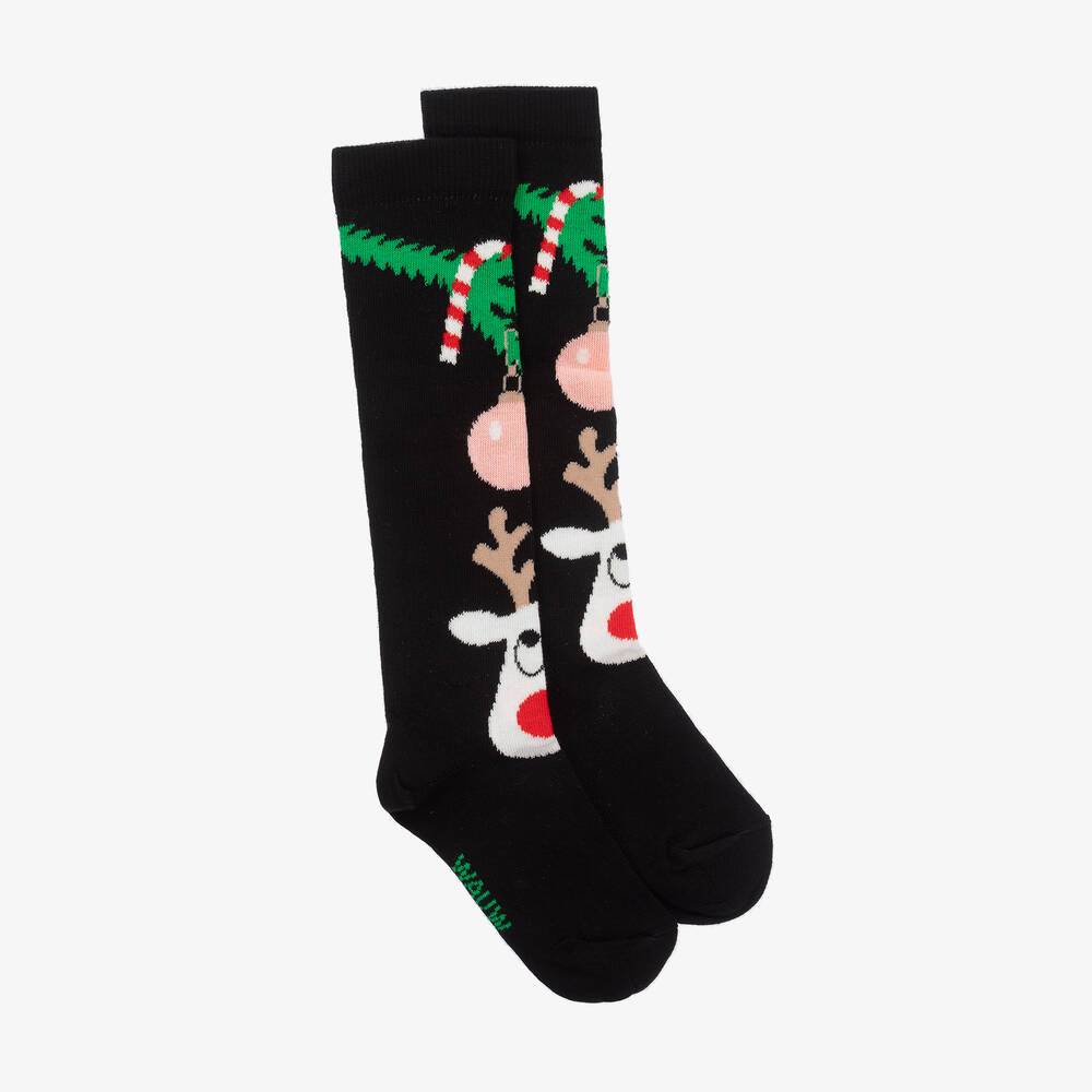 Wauw Capow - Girls Black Cotton Reindeer Socks | Childrensalon