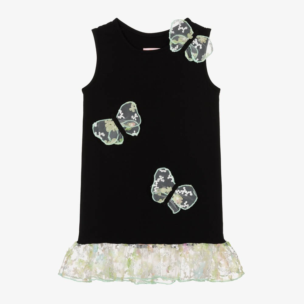 Wauw Capow - Girls Black Cotton & Tulle Butterfly Dress | Childrensalon