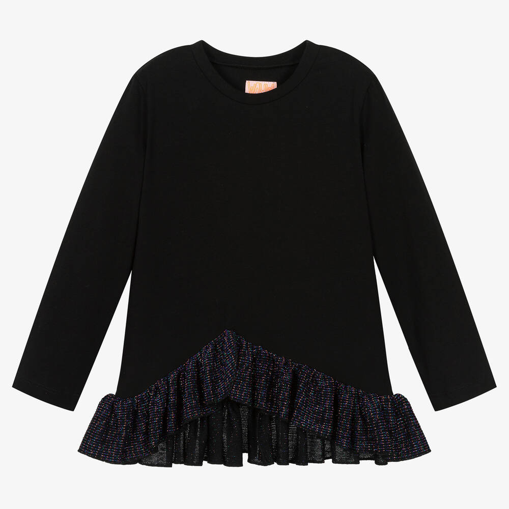 Wauw Capow - Girls Black Organic Cotton Ruffle Top | Childrensalon