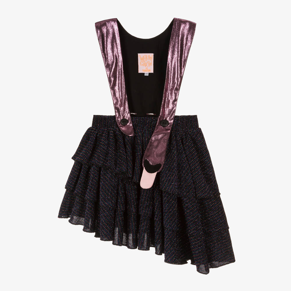 Wauw Capow - Girls Black Shimmery Tiered Ruffle Skirt | Childrensalon