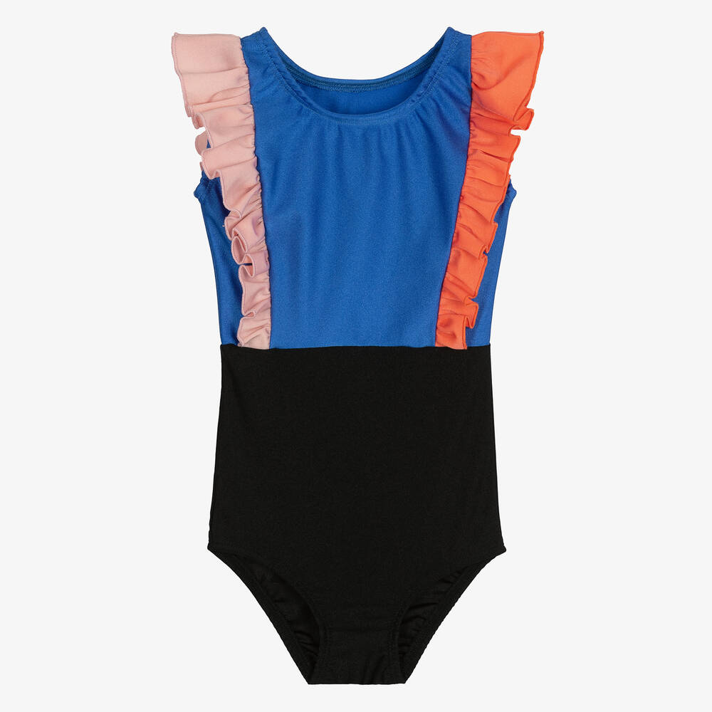 Wauw Capow - Girls Blue & Black Frill Swimsuit | Childrensalon