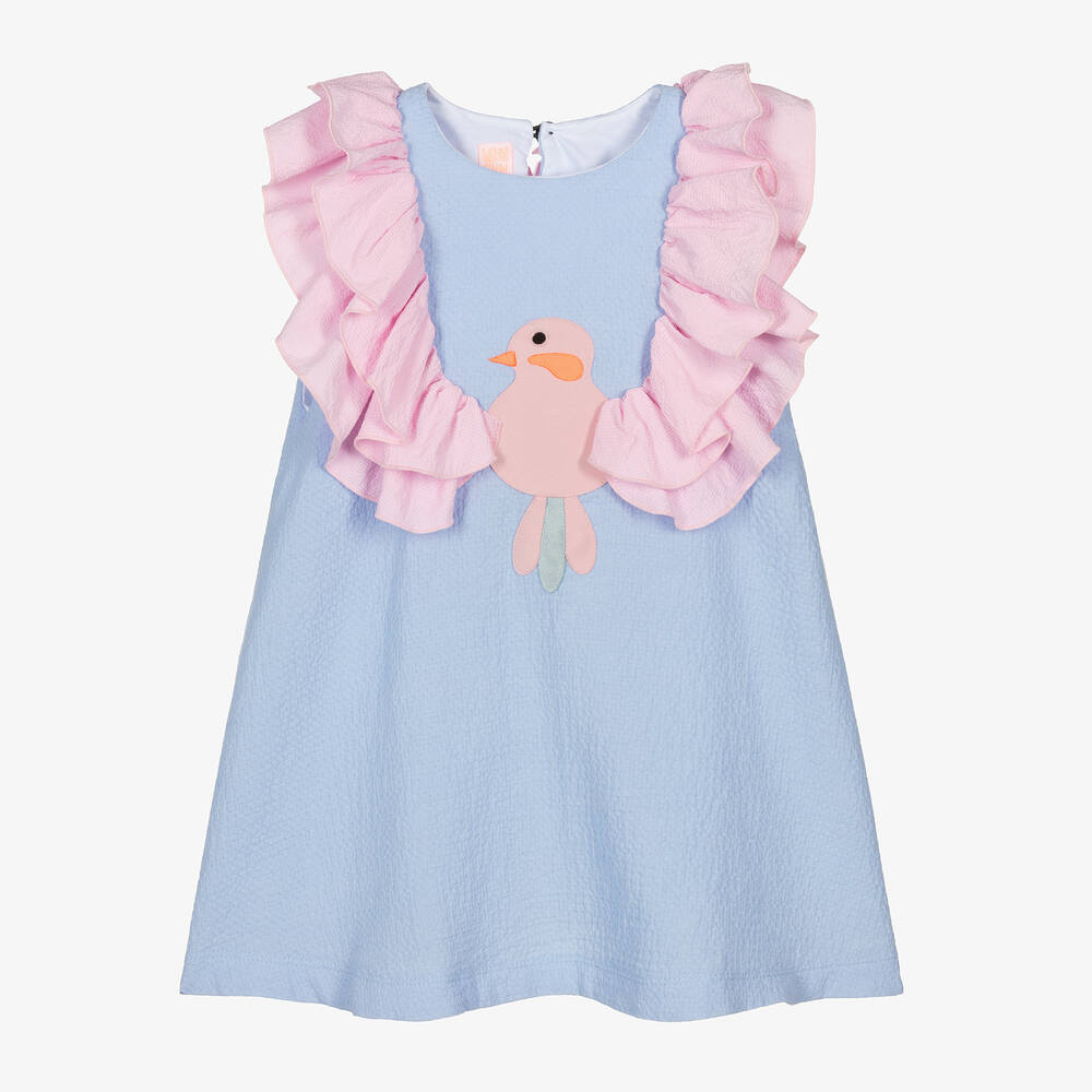 Wauw Capow - Girls Blue Cotton Bird Ruffle Dress | Childrensalon