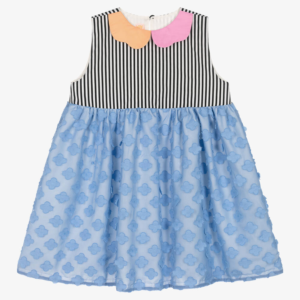 Wauw Capow - Girls Blue Floral & Black Stripe Dress | Childrensalon