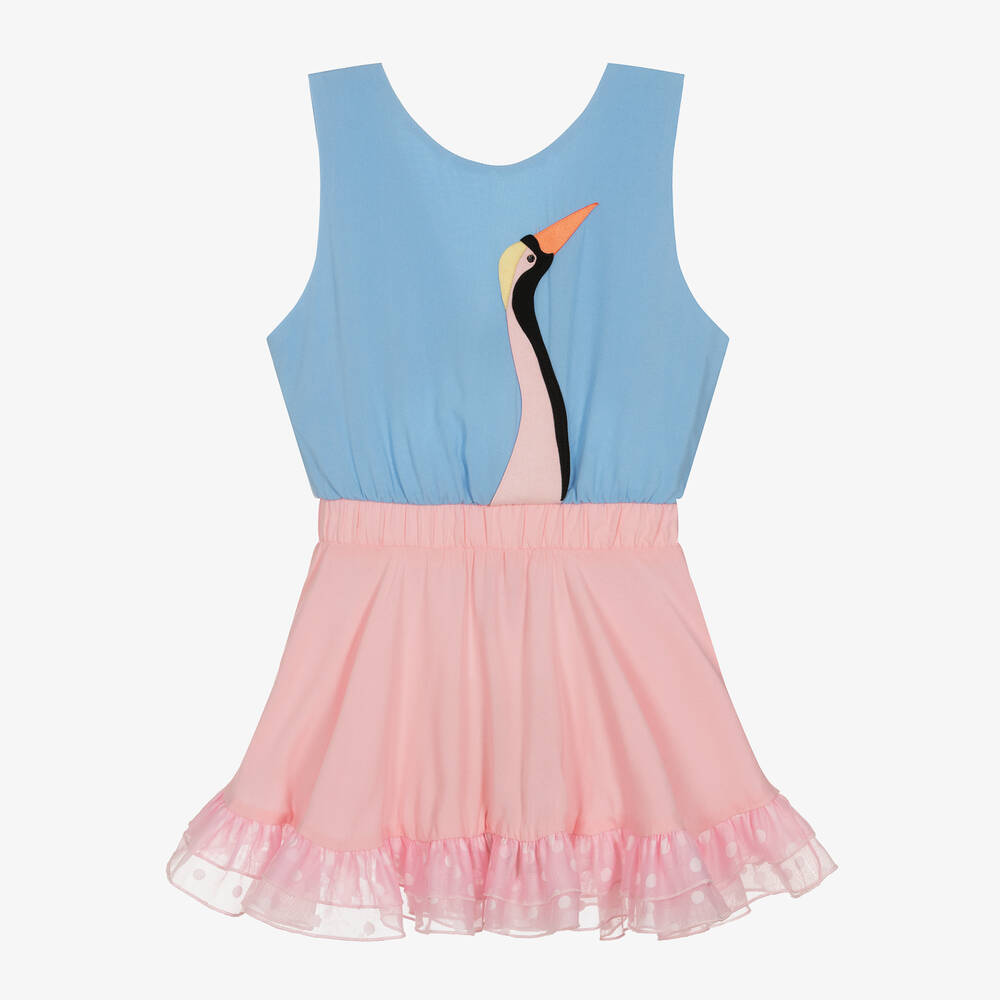Wauw Capow - Girls Blue & Pink Bird Appliqué Dress | Childrensalon