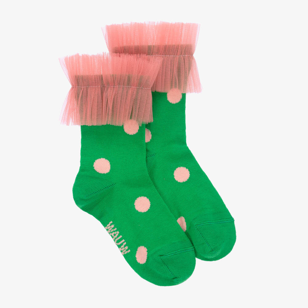 Wauw Capow - Girls Green & Pink Polka Dot Tulle Socks | Childrensalon