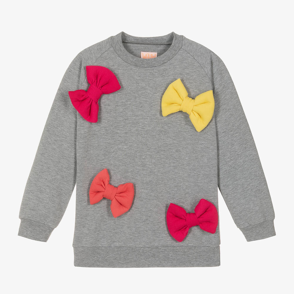 Wauw Capow - Girls Grey Organic Cotton Bow Sweatshirt | Childrensalon