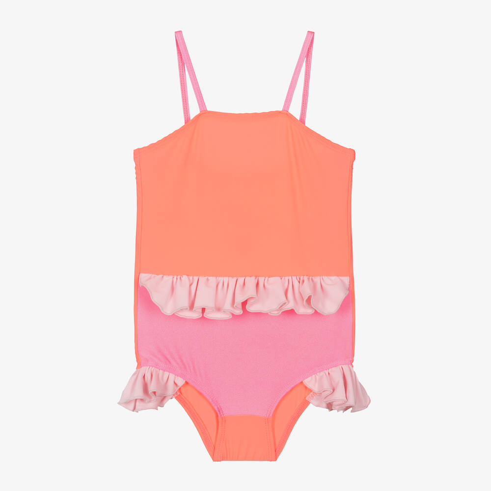 Wauw Capow Kids' Girls Neon Coral Pink Ruffle Swimsuit