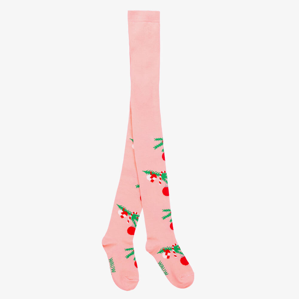 Wauw Capow - Girls Pink Organic Cotton Festive Tights | Childrensalon