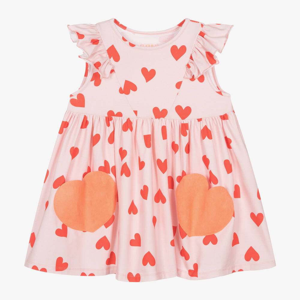 Wauw Capow - فستان بطبعة قلوب قطن جيرسي عضوي لون زهري | Childrensalon
